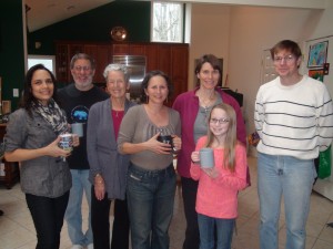 Members of Sustainable Lawrence and other friends of Noemi de la Puente gathered at her home Saturday to see the movie, "Bag It," which supports eliminating  or reducing the use of disposable shopping bags. From left to right are:  Thairih Smith, president or director on the Board of Sustainable Lawrence, Ron Cohen, Patty Schorr, Noemi de la Puente, Ashley Pillsbury, Trish Verbeyst and Don Pillsbury